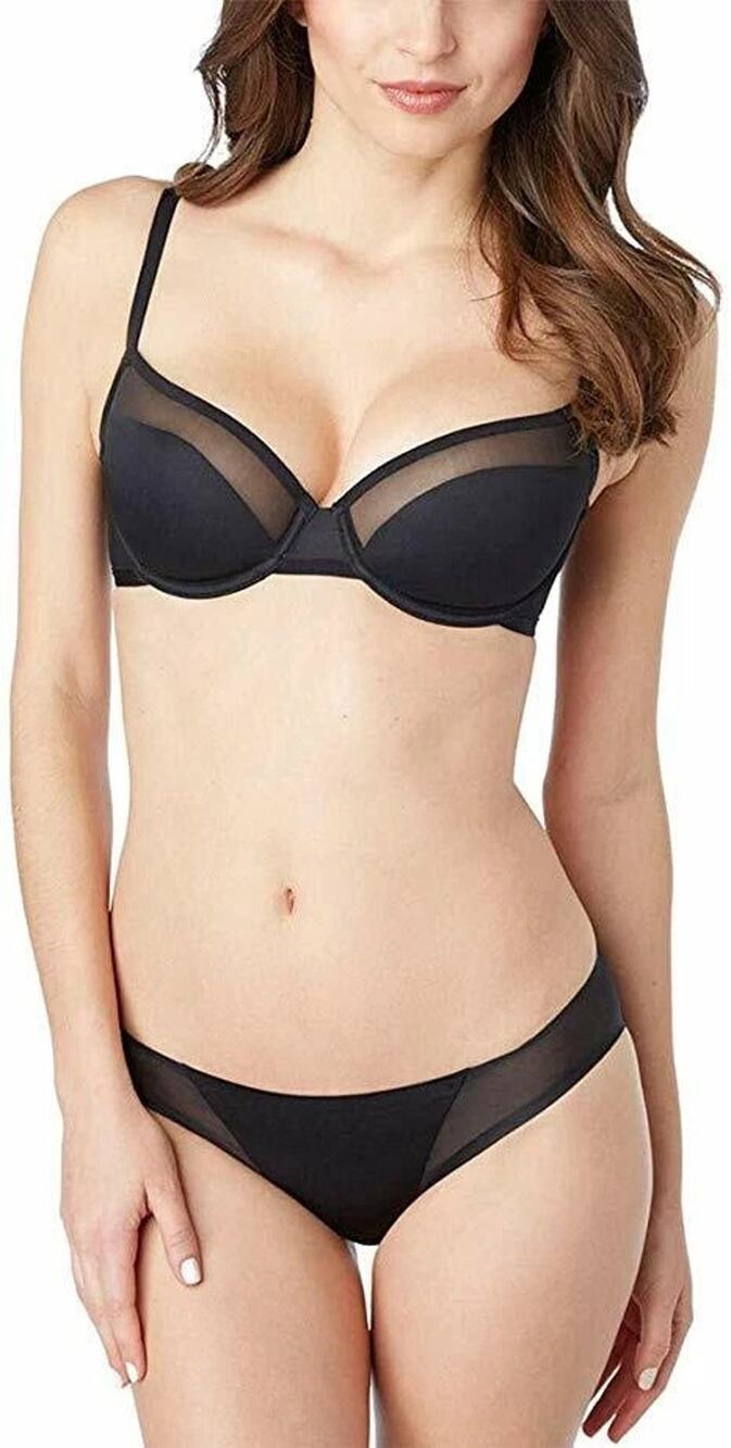 NWT $66 Le Mystere US/UK 32D Women's Black Shine and Sheer Unlined Demi Bra 4458